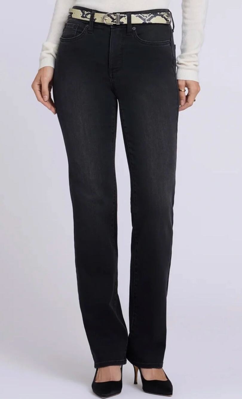 NYDJ Women's Marilyn Straight Black Denim Jeans Casual Minimalist Chic Size L